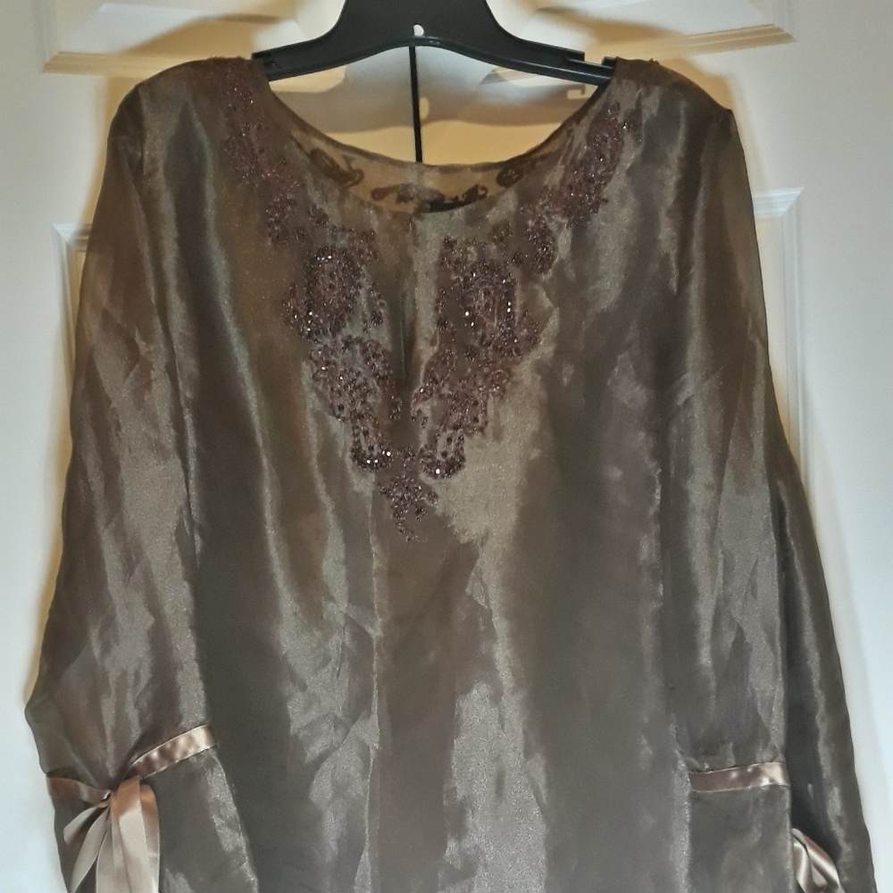 Dana Buchman Brown Sheer Beaded Tunic